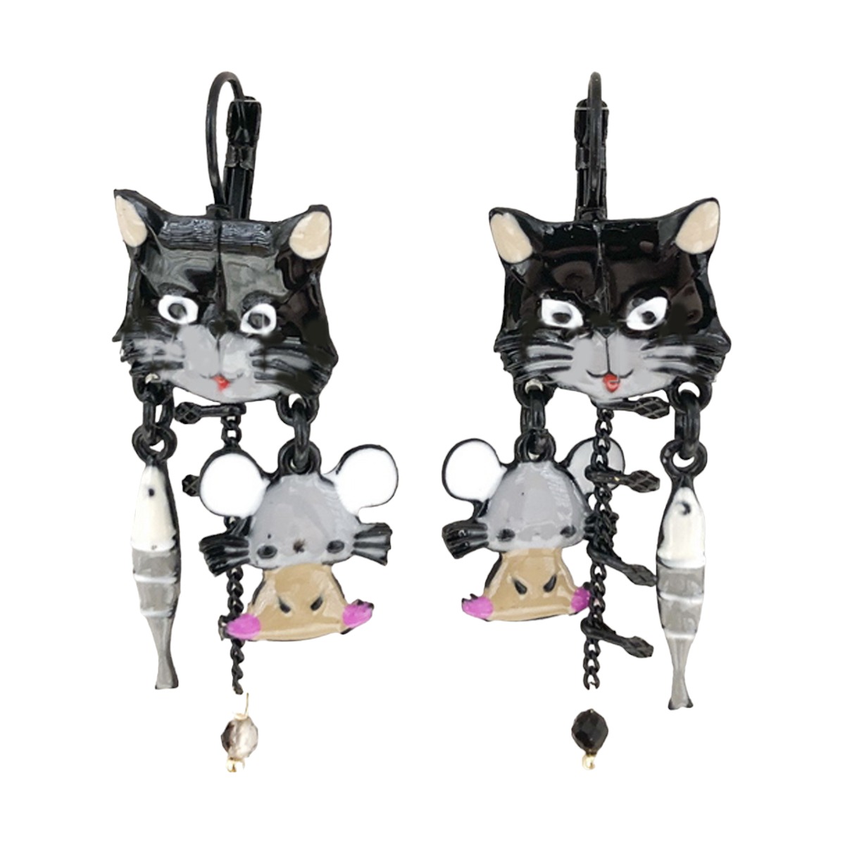 Dormeuses créateur \'Lilipoupettes\' (chat, souris, sardine) noir gris - 40x20 mm - [R6160]