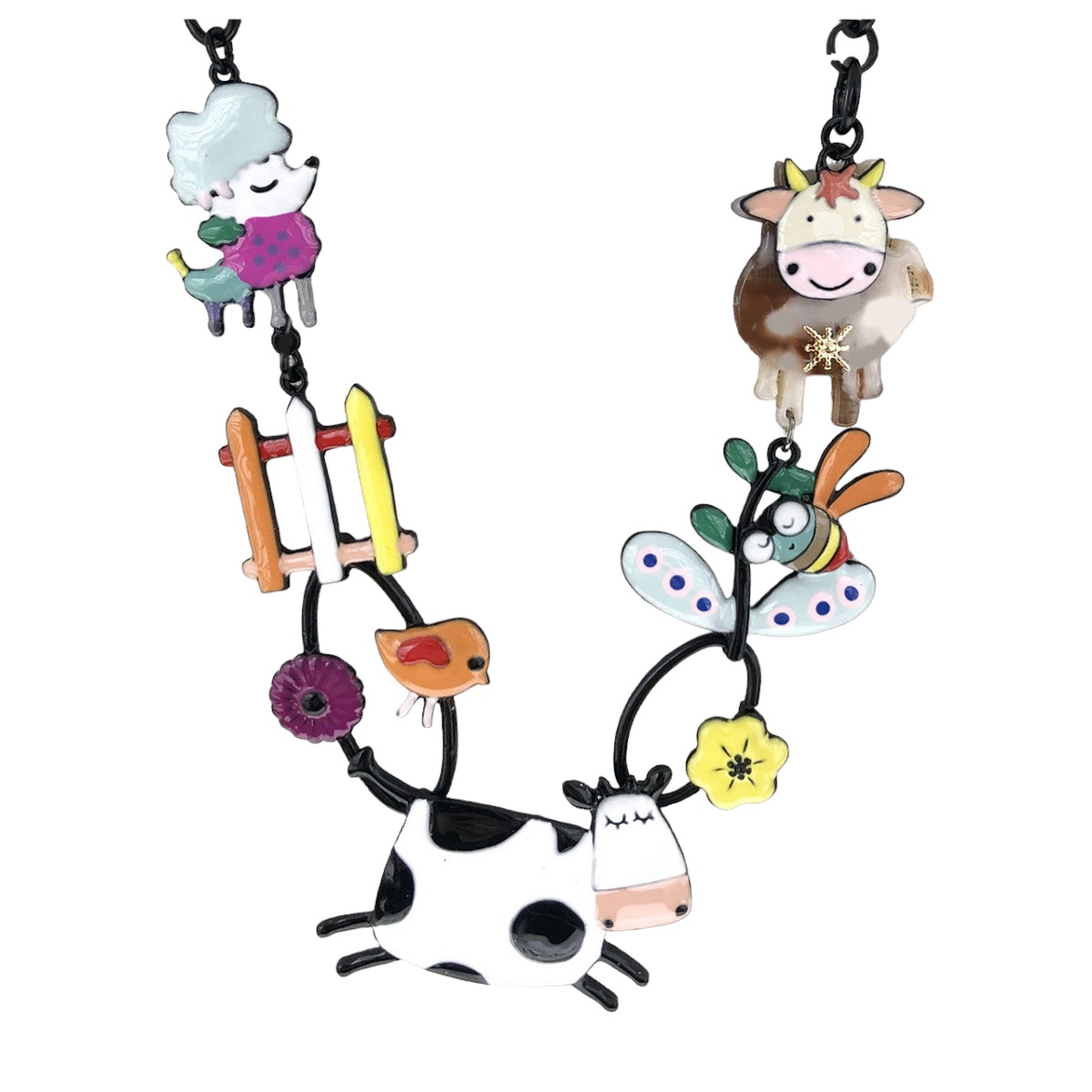 Collier créateur \'Lilipoupettes\' (vache) multicolore - 45x30 mm - [R6226]