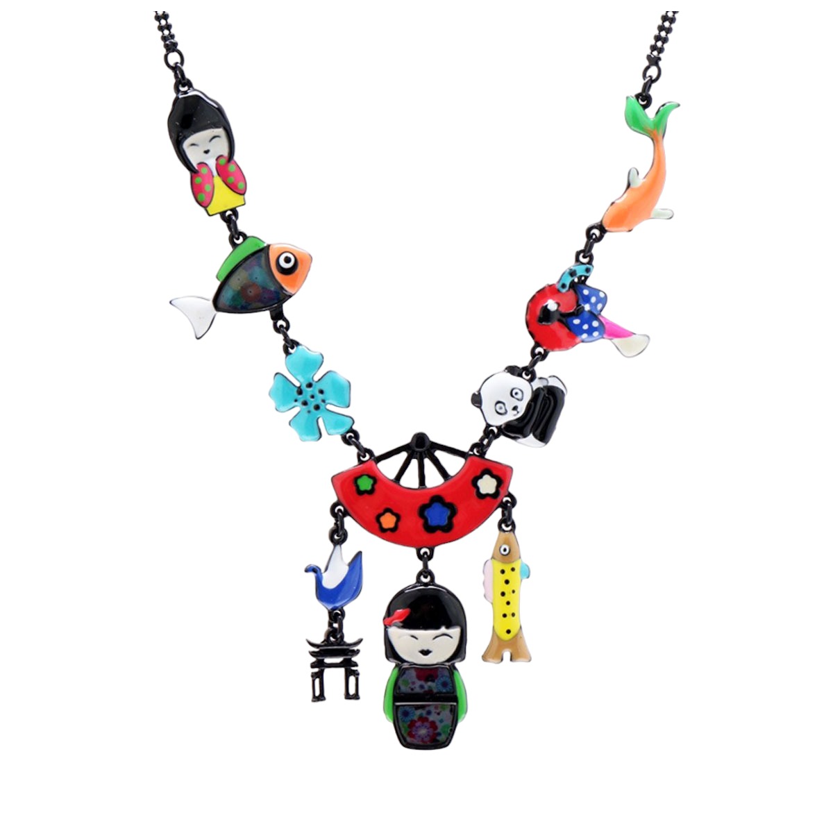 Collier créateur \'Lilipoupettes\' (geisha) multicolore - 60x35 mm - [R6227]