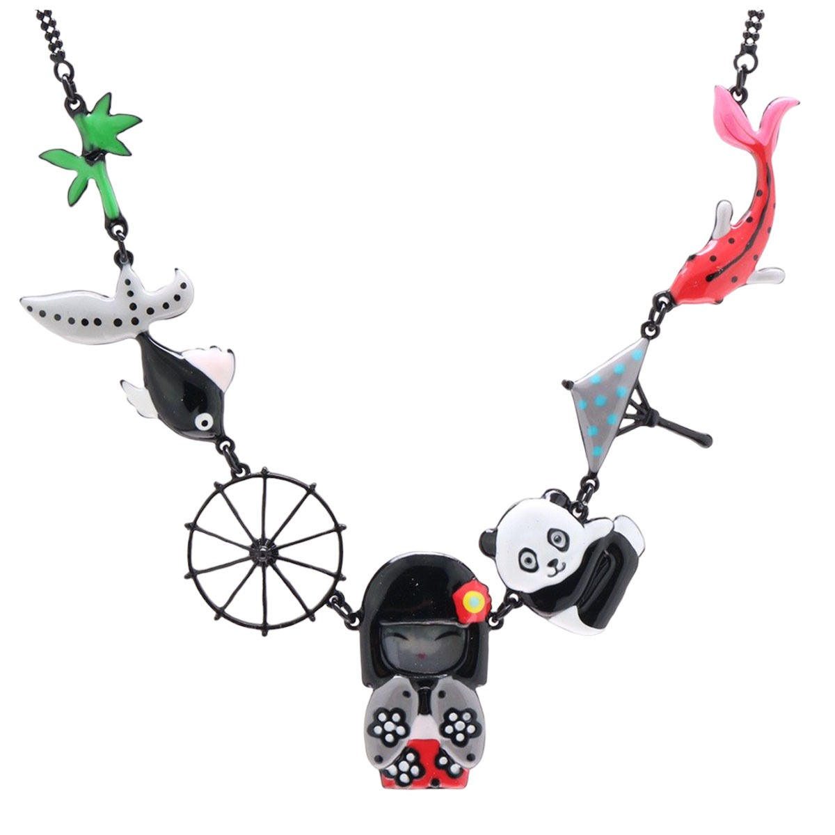Collier créateur \'Lilipoupettes\' (geisha) multicolore - 45x20 mm - [R6229]