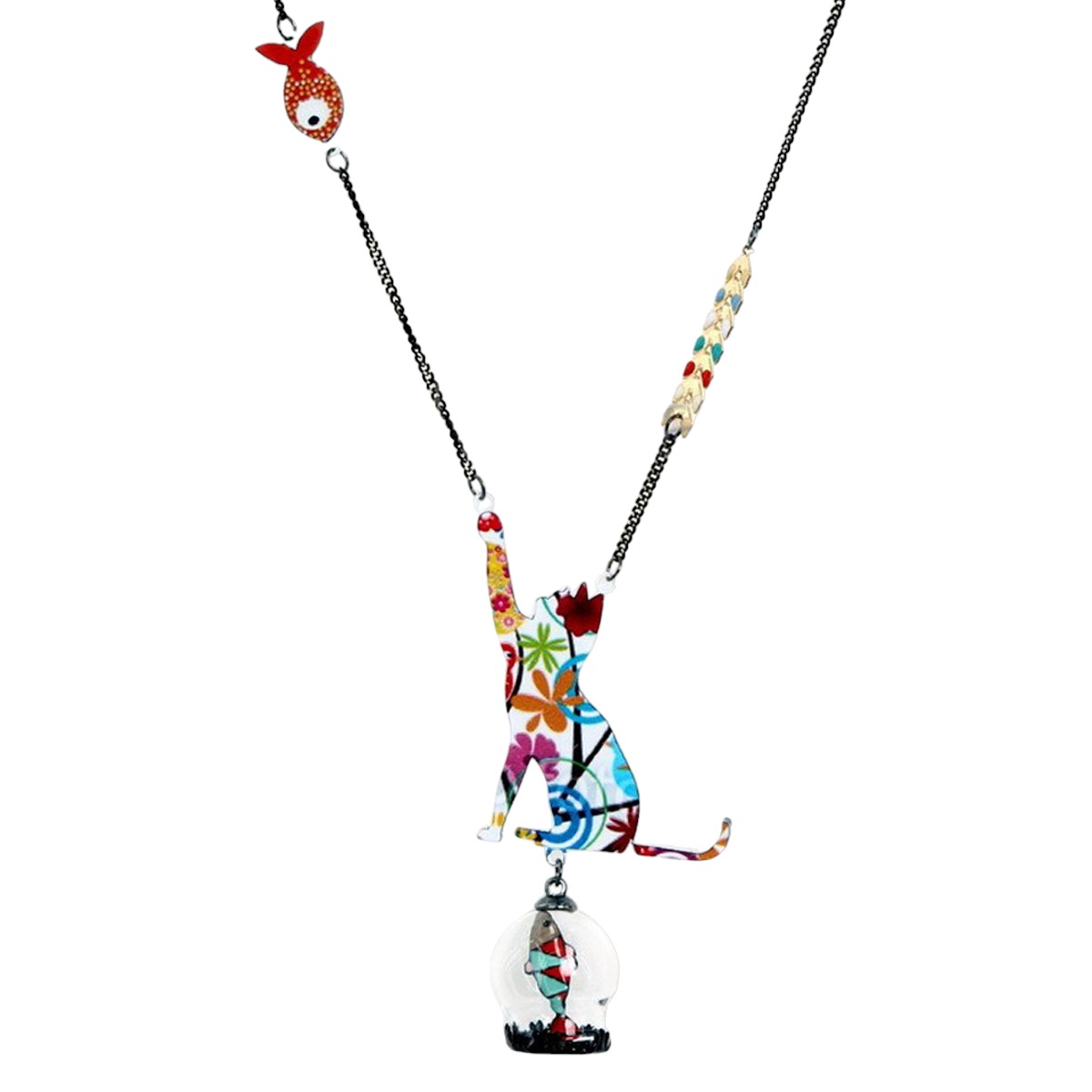 Collier créateur \'Lilipoupettes\' (chat, bocal poisson) multicolore - 85x50 mm - [R6233]