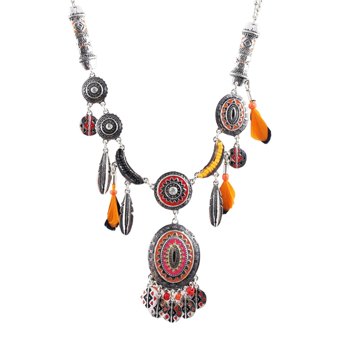 Collier créateur \'Lilipoupettes\' (ethnik indien) orange argenté - 90x30 mm - [R6236]