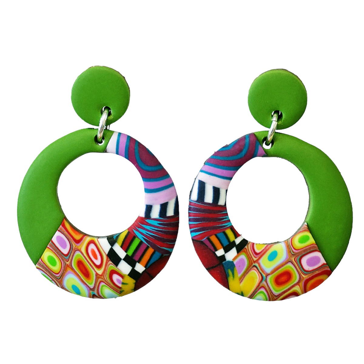 Boucles d\'oreilles artisanales \'Colombine & Arlequin\' vert multicolore - 40x30 mm - [R6439]