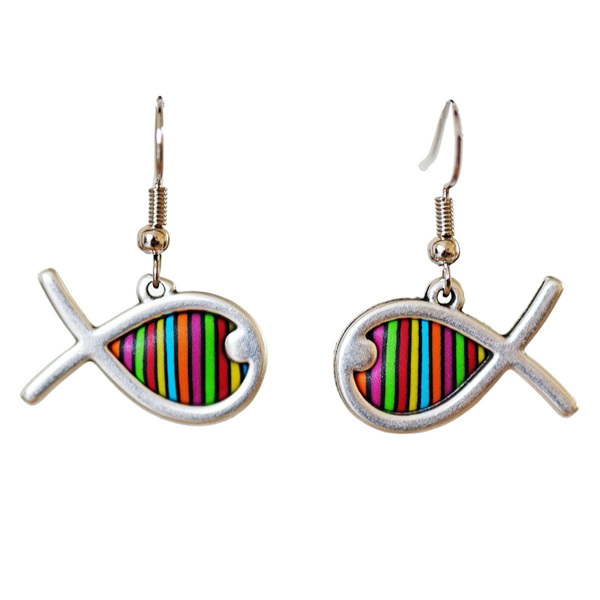 Boucles d\'oreilles artisanales \'Colombine & Arlequin\' multicolore argenté (poissons) - 23x13 mm - [R6454]