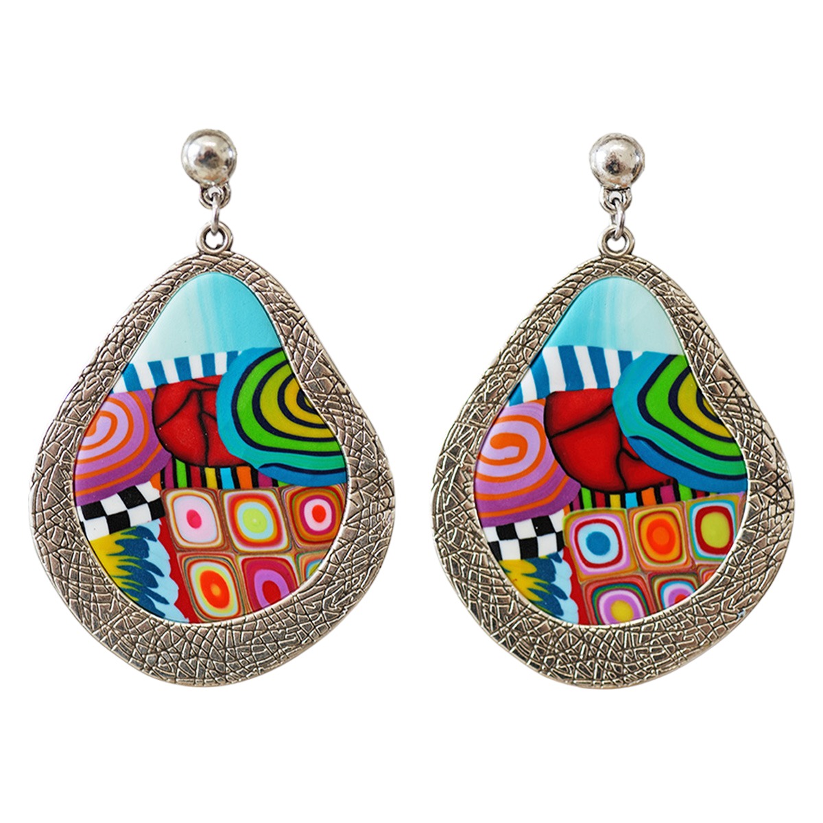 Boucles d\'oreilles artisanales \'Colombine & Arlequin\' multicolore argenté - 60x40 mm - [R6457]