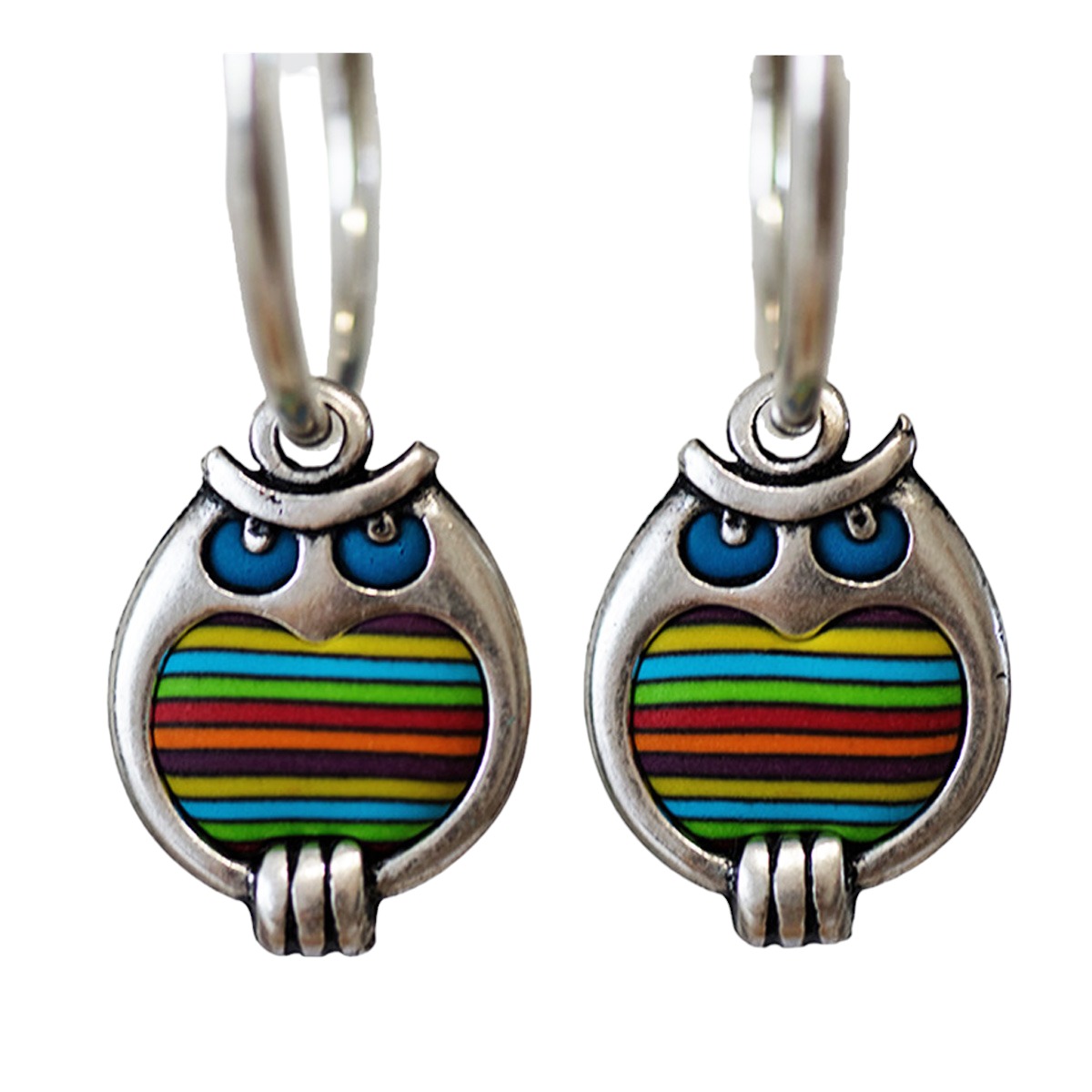 Créoles d\'oreilles artisanales \'Colombine & Arlequin\' multicolore argenté - 30 mm, 20x16 mm (hibou) - [R6469]