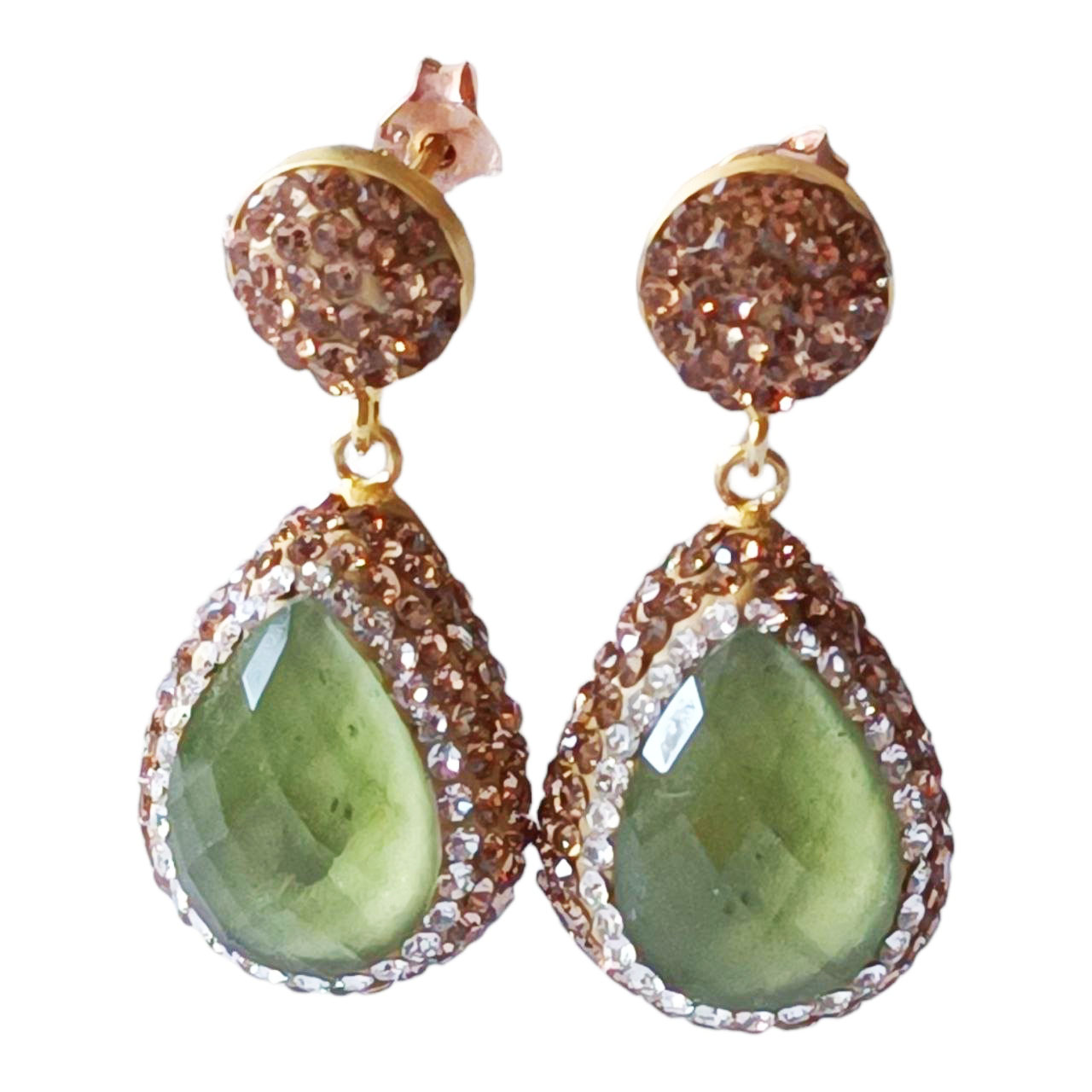 Boucles argent artisanales \'Cléopatra\' vert doré - 30x15 mm - [R9570]