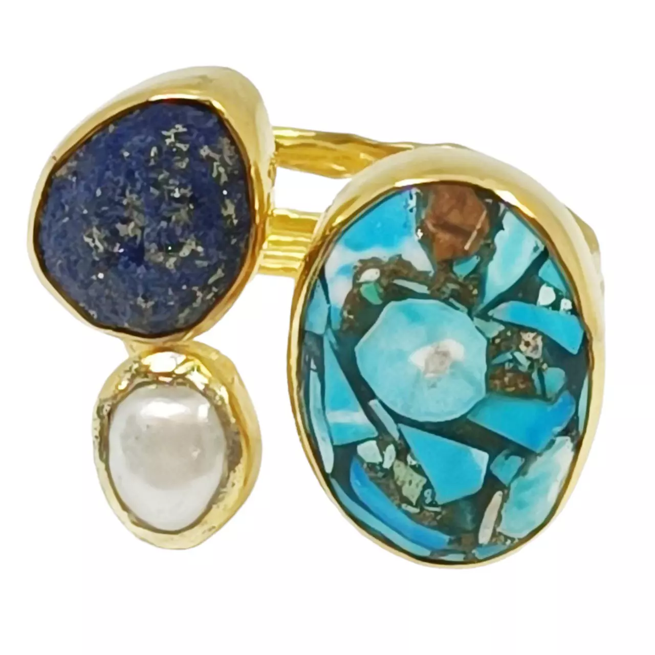 les trésors de lily Bague argent artisanale 'Cléopatra' turquoise bleu doré 23x20 mm [R9665]