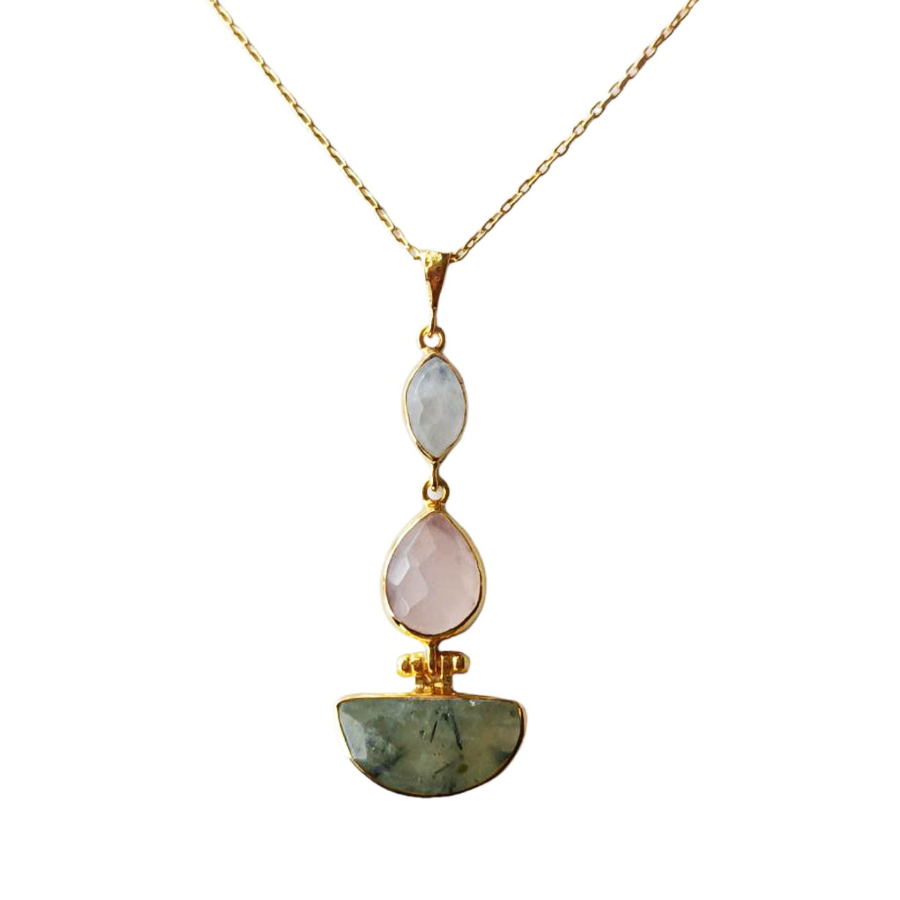 Collier Argent artisanal \'Cléopatra\' vert rose doré - 60 cm, 45x20 mm - [R9676]