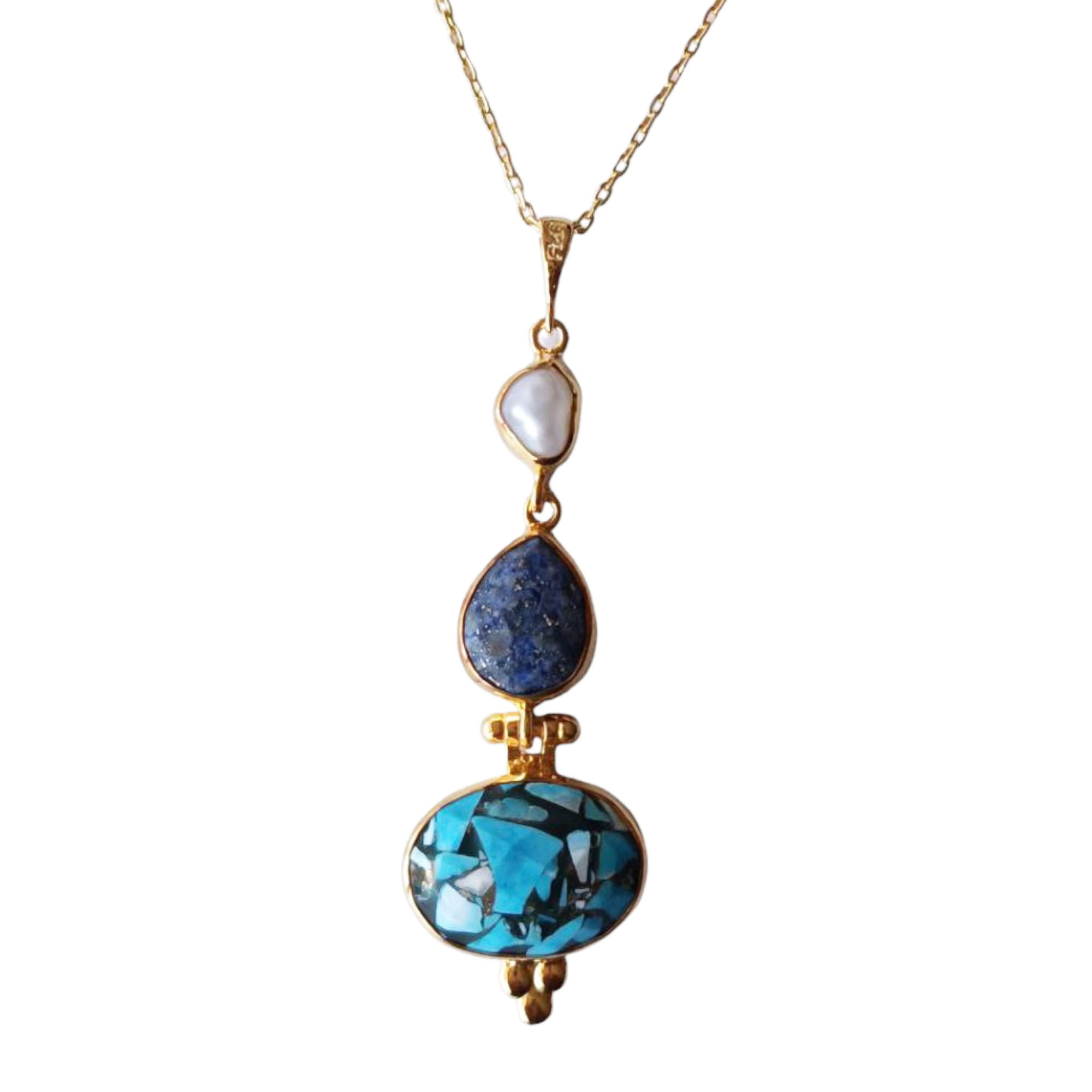 Collier Argent artisanal \'Cléopatra\' turquoise bleu doré - 60 cm, 50x18 mm - [R9677]