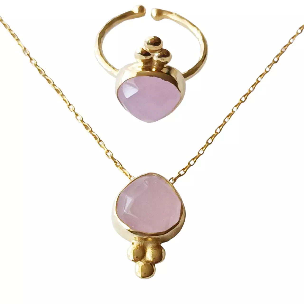 les trésors de lily Parure de bijoux Argent artisanale 'Cléopatra' quartz rose doré 15x10 mm (collier et bague) [R9679]
