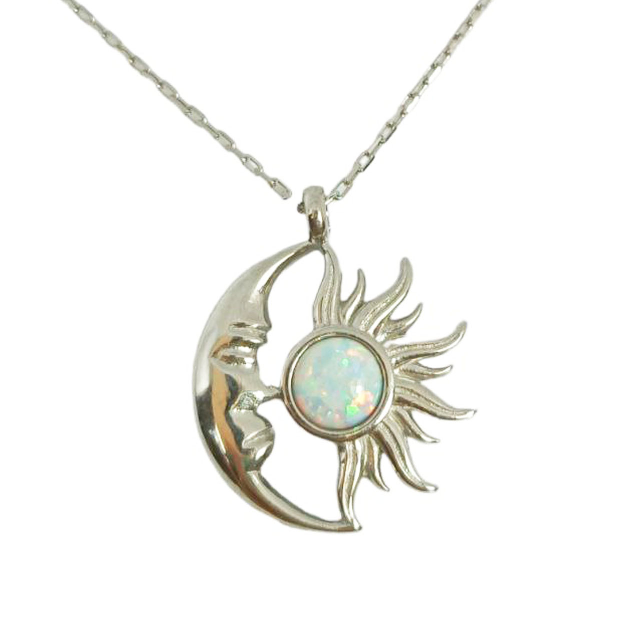 Collier argent artisanal \'Déesse Opale\' Blanc argenté (rhodié) - 15x15 mm (lune, soleil) - [R9711]