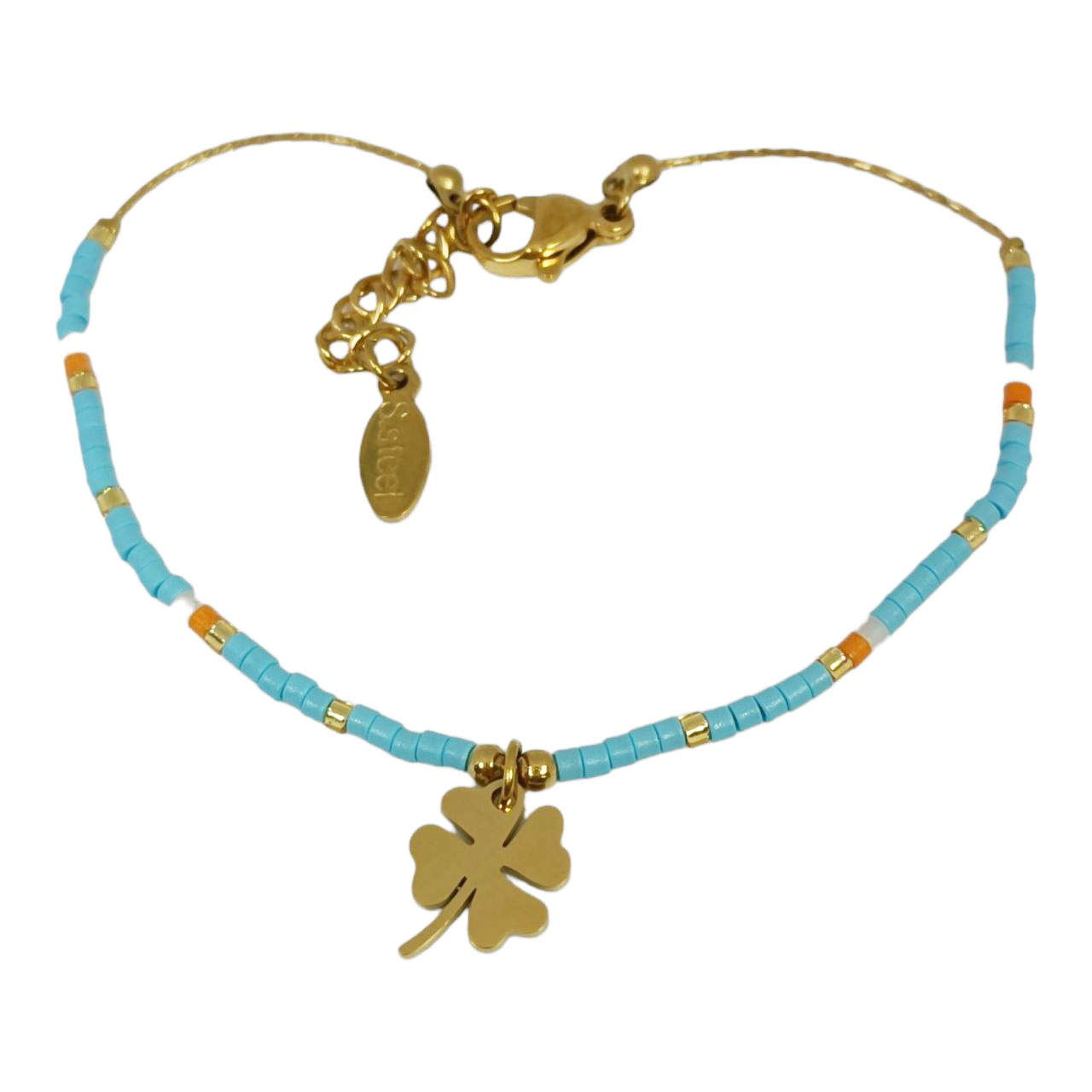 Bracelet Acier \'Boho\' bleu doré - 10x8 mm (trèfle) - [R9723]
