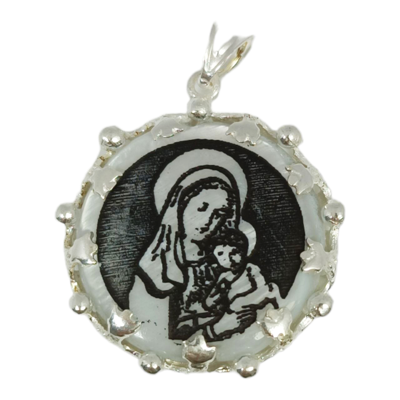 Pendentif Argent artisanal \'Vierge Marie\' nacre argenté (orthodoxe) - 22 mm - [R9780]
