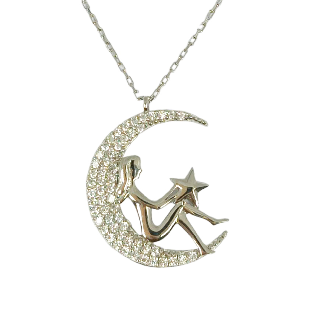 Collier Argent \'Arégonde\' blanc argenté (rhodié) - 20x17 mm (lune) - [R9837]