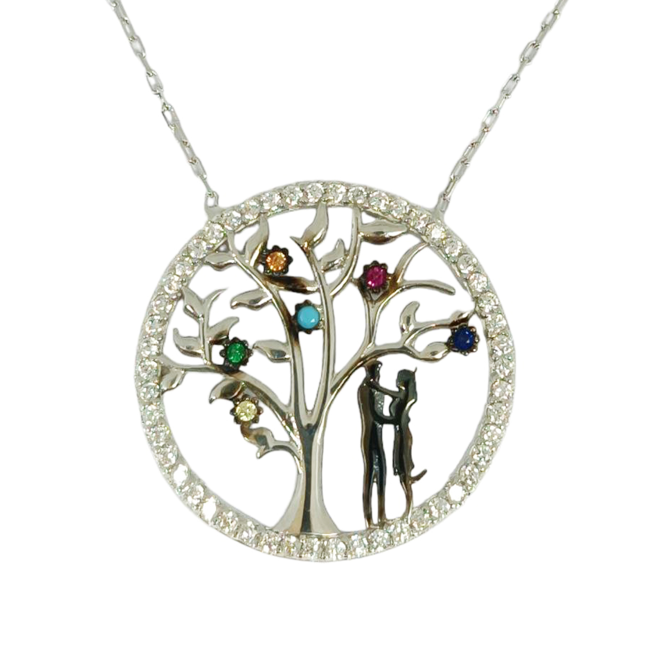 Collier Argent \'Love\' multicolore argenté (rhodié) - 20x20 mm (arbre, couple, rendez-vous, amour) - [R9839]