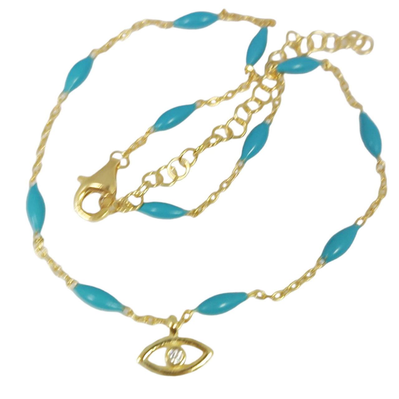 Chaine Cheville Argent \'Cléopatra\' turquoise doré - 9x4 mm (oeil de fatma) - [R9867]
