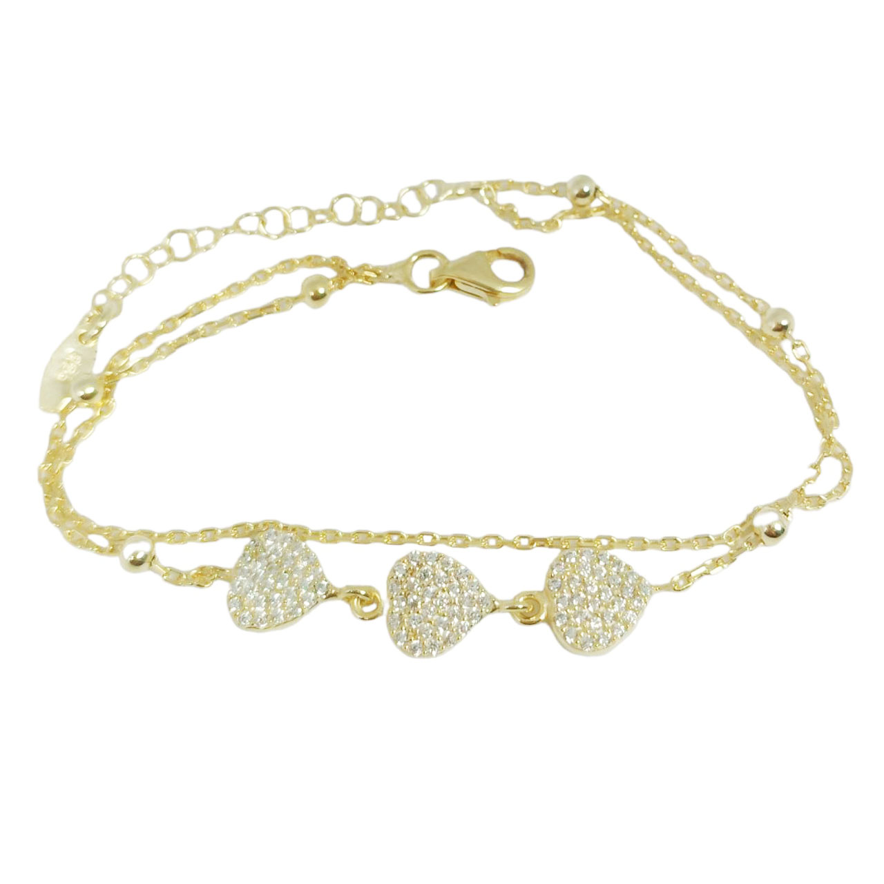 Bracelet double Argent artisanal \'Cléopatra\' blanc doré - 8x8 mm (cœurs) - [R9881]