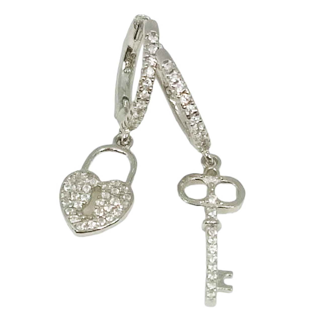 Créoles argent \'Arégonde\' blanc argenté (rhodié) - 13 mm, 17x7 mm (clé), 12x8 mm (cadenas) - [S0012]