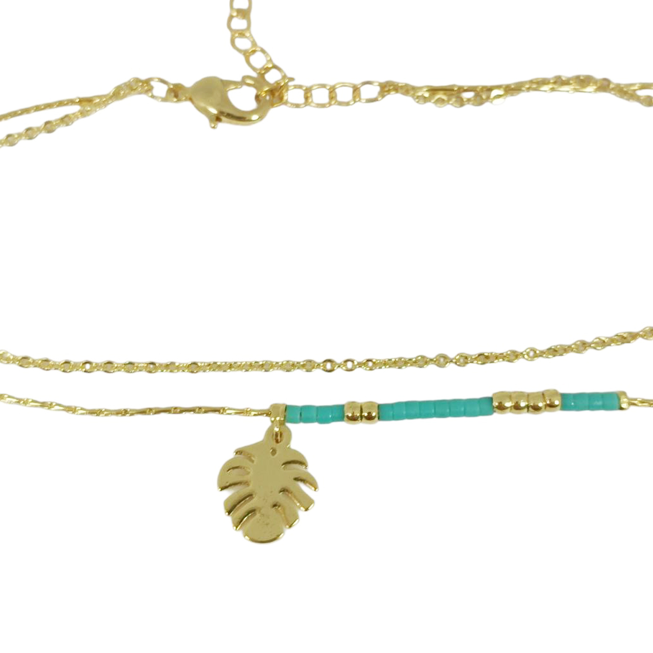 Bracelet double \'Cléopatra\' turquoise doré (feuille de monstera) - 10x10 mm - [S0074]