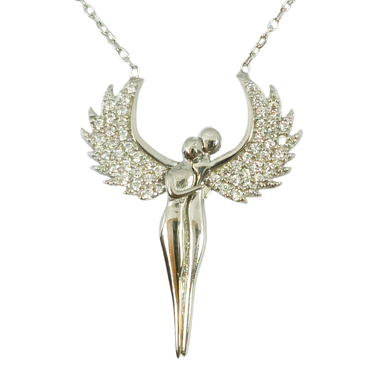 Collier argent \'Couple Ange Gardien\' blanc argenté (rhodié) - 28x22 mm - [S0093]