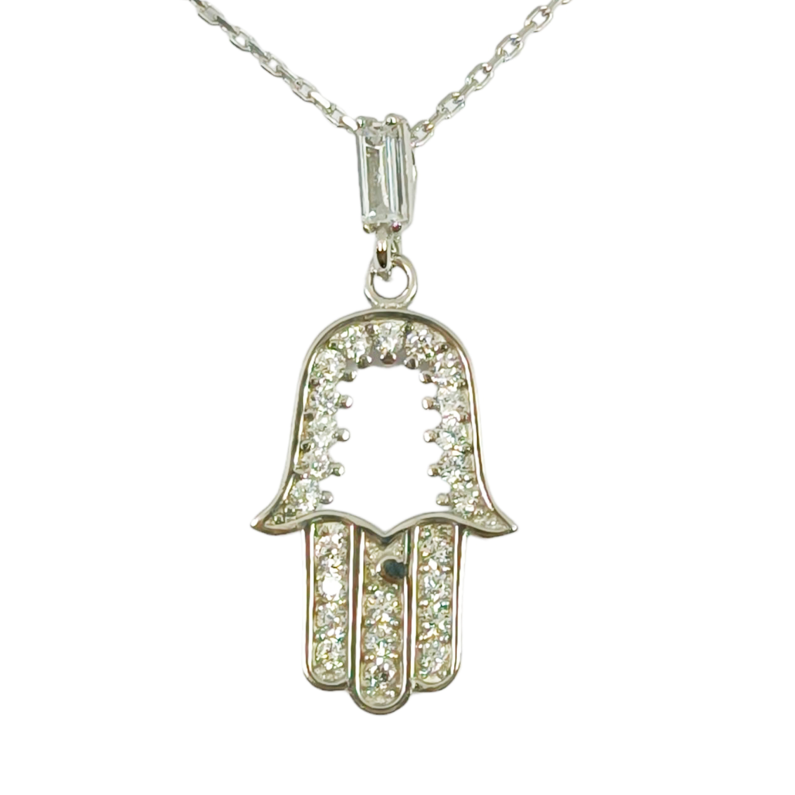 Collier Argent \'Main de Fatma\' blanc argenté (rhodié) - 20x10 mm  - [S0096]