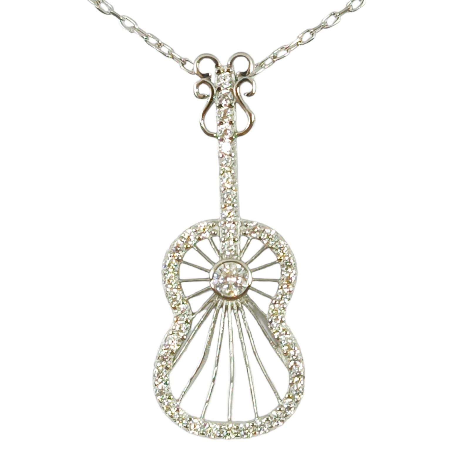 Collier Argent \'Guitare\' blanc argenté (rhodié) - 32x12 mm - [S0100]