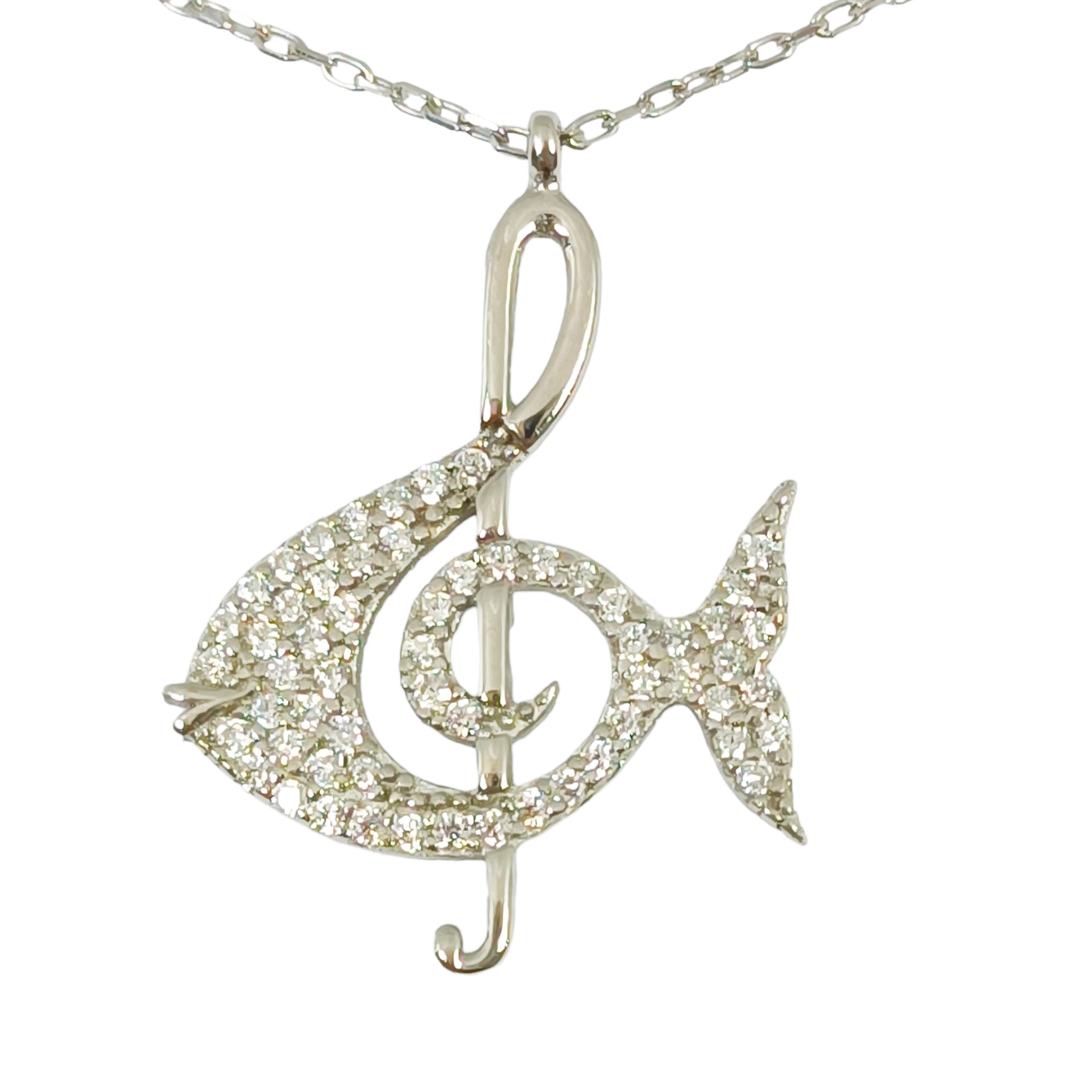 Collier Argent \'Clé de sol / Sole\' blanc argenté (rhodié) - 24x20 mm - [S0104]