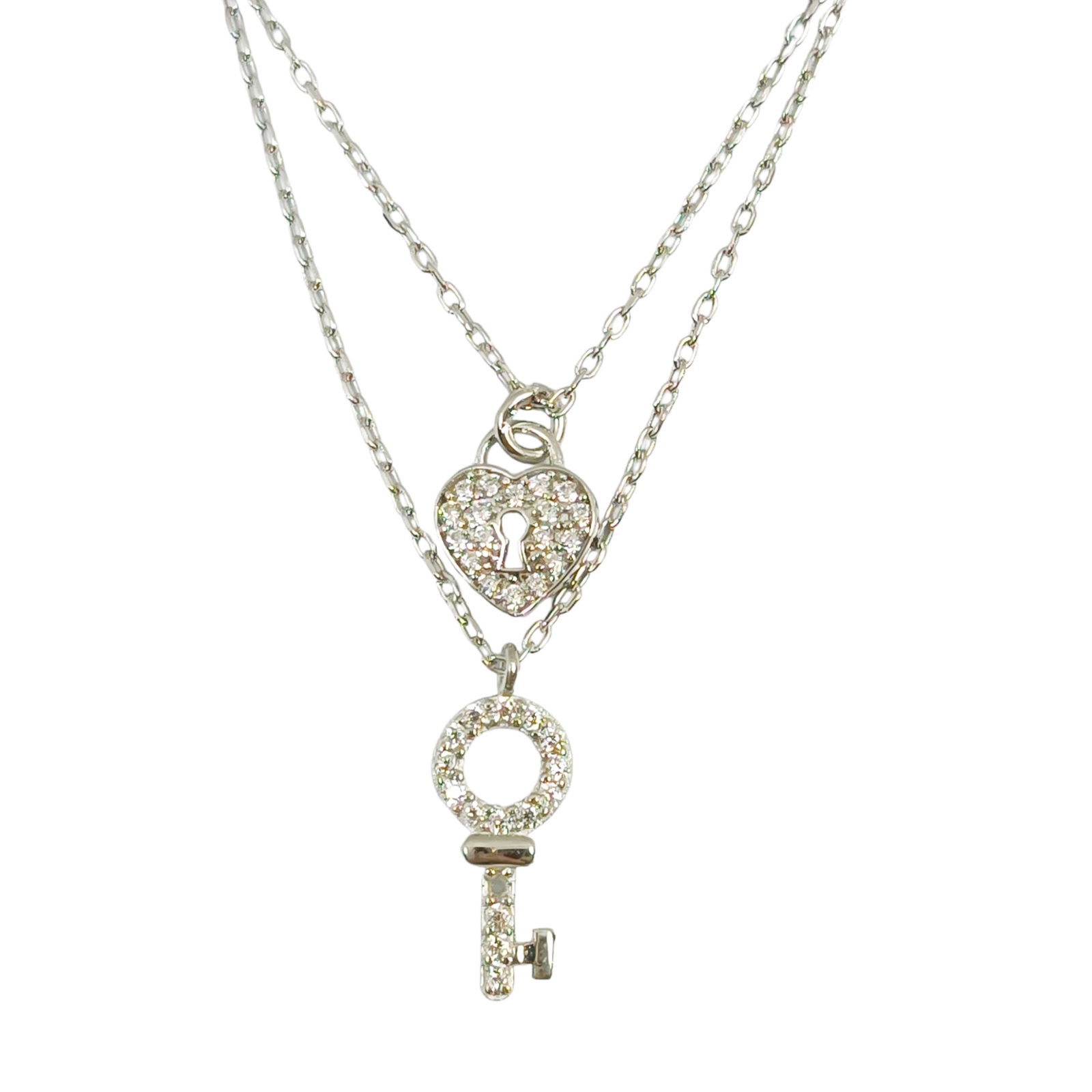 Collier Argent double \'Love\' blanc doré - 40 et 45 cm, motif clé 15x6 mm, cadenas coeur 8x7 mm - [S0141]