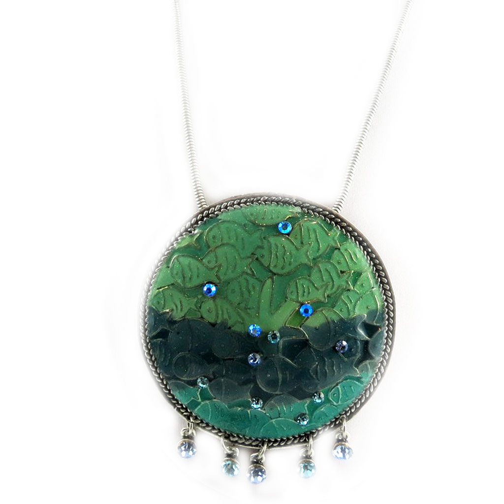 Collier Créateur \'Poissons\' bleu vert - 65 mm - [E0678]