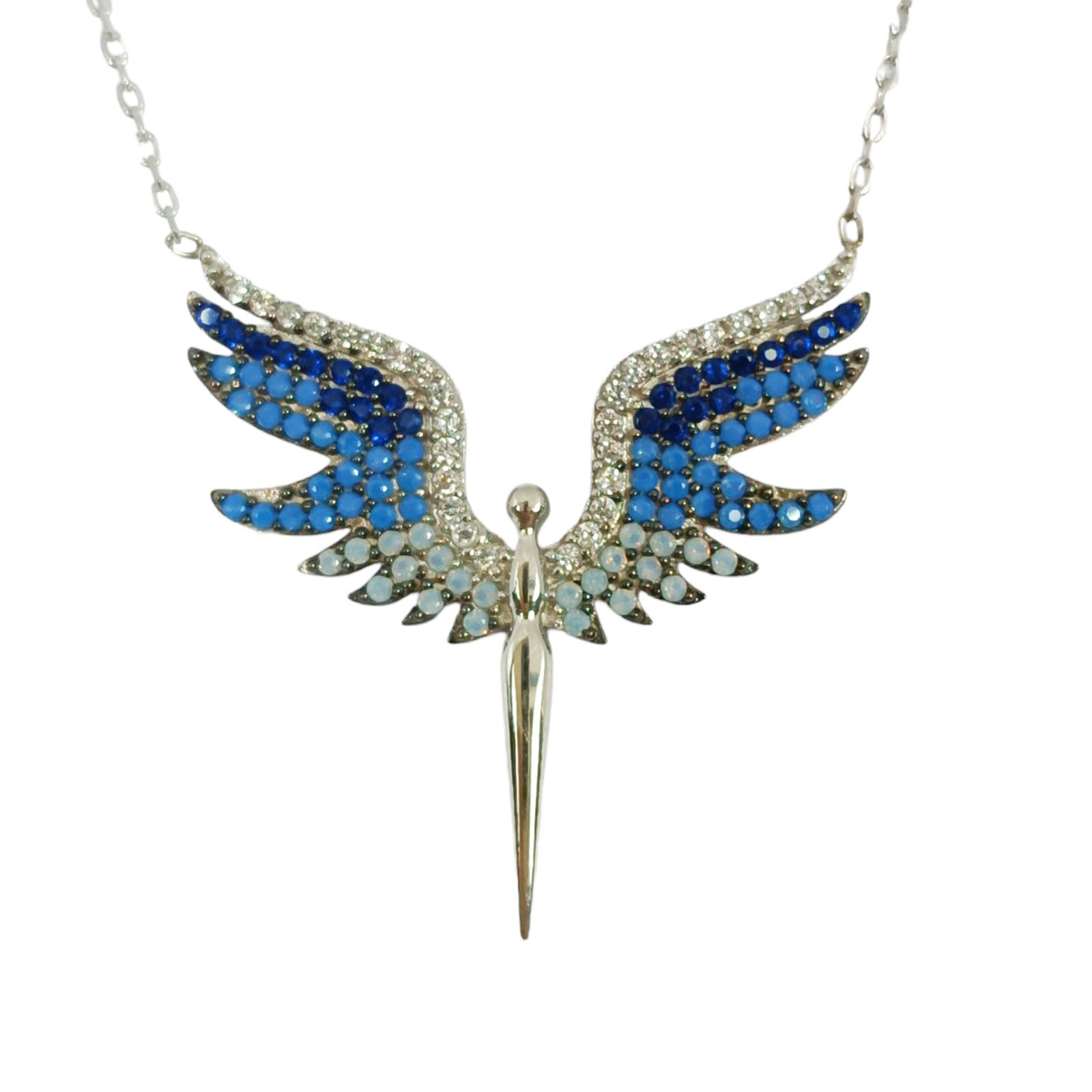 Collier argent \'Ange Gardien\' bleu argenté (rhodié) - 28x28 mm - [S0158]