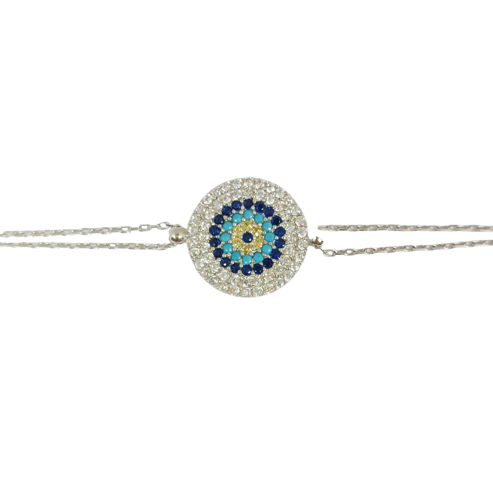 Bracelet argent double artisanal \'Fatma\' turquoise bleu argenté (rhodié) - 13 mm - [S0189]