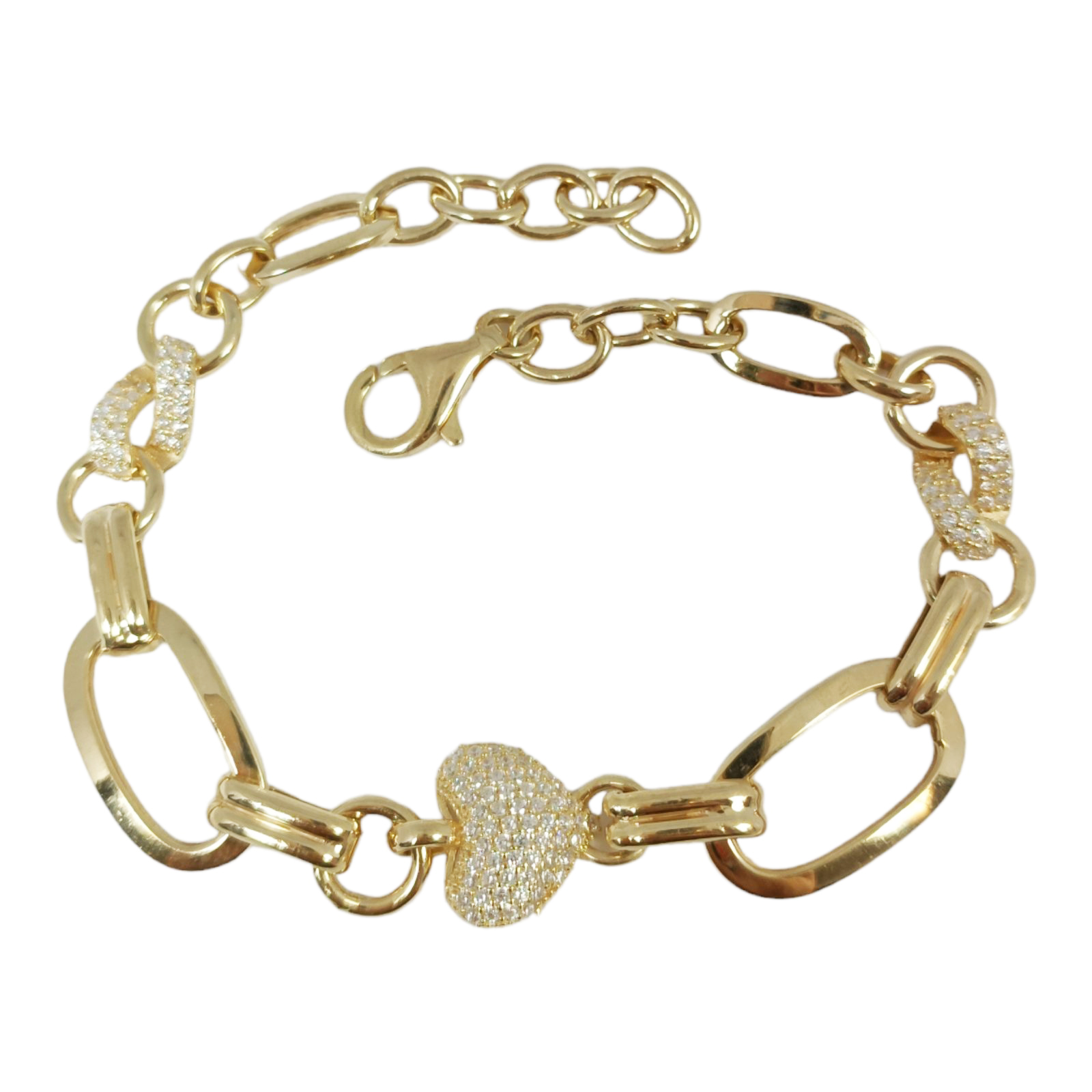Bracelet argent artisanal \'Cleopatra\' blanc doré - coeur 12x10 mm - [S0234]