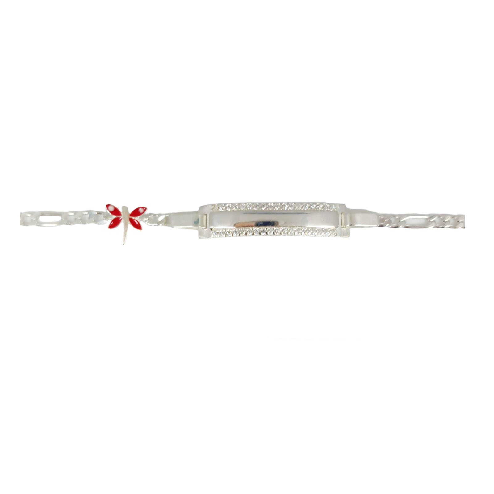Gourmette Argent \'Bambino\' rouge argenté - 135 mm, plaque 30x7 mm (libellule) - [S0285]