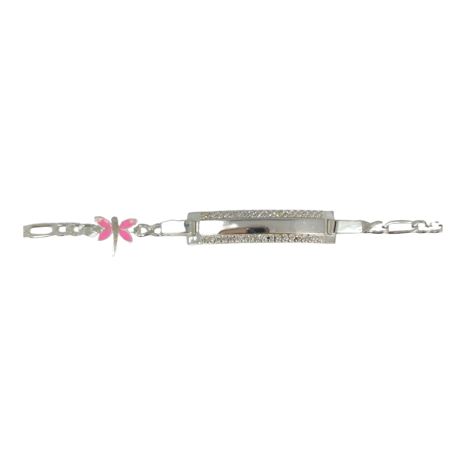 Gourmette Argent \'Bambino\' rose argenté - 135 mm, plaque 30x7 mm (libellule) - [S0286]