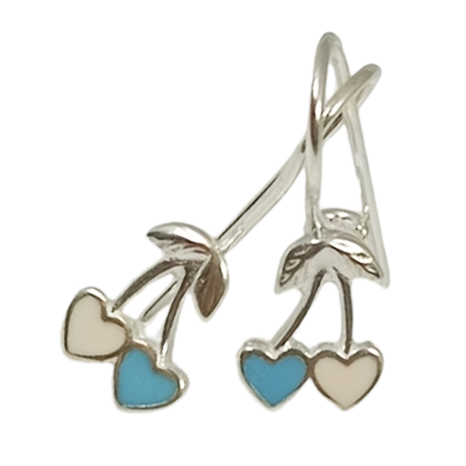 Boucles dormeuses Argent \'Cerises Love\' bleu blanc argenté - 9x7 mm - [S0340]