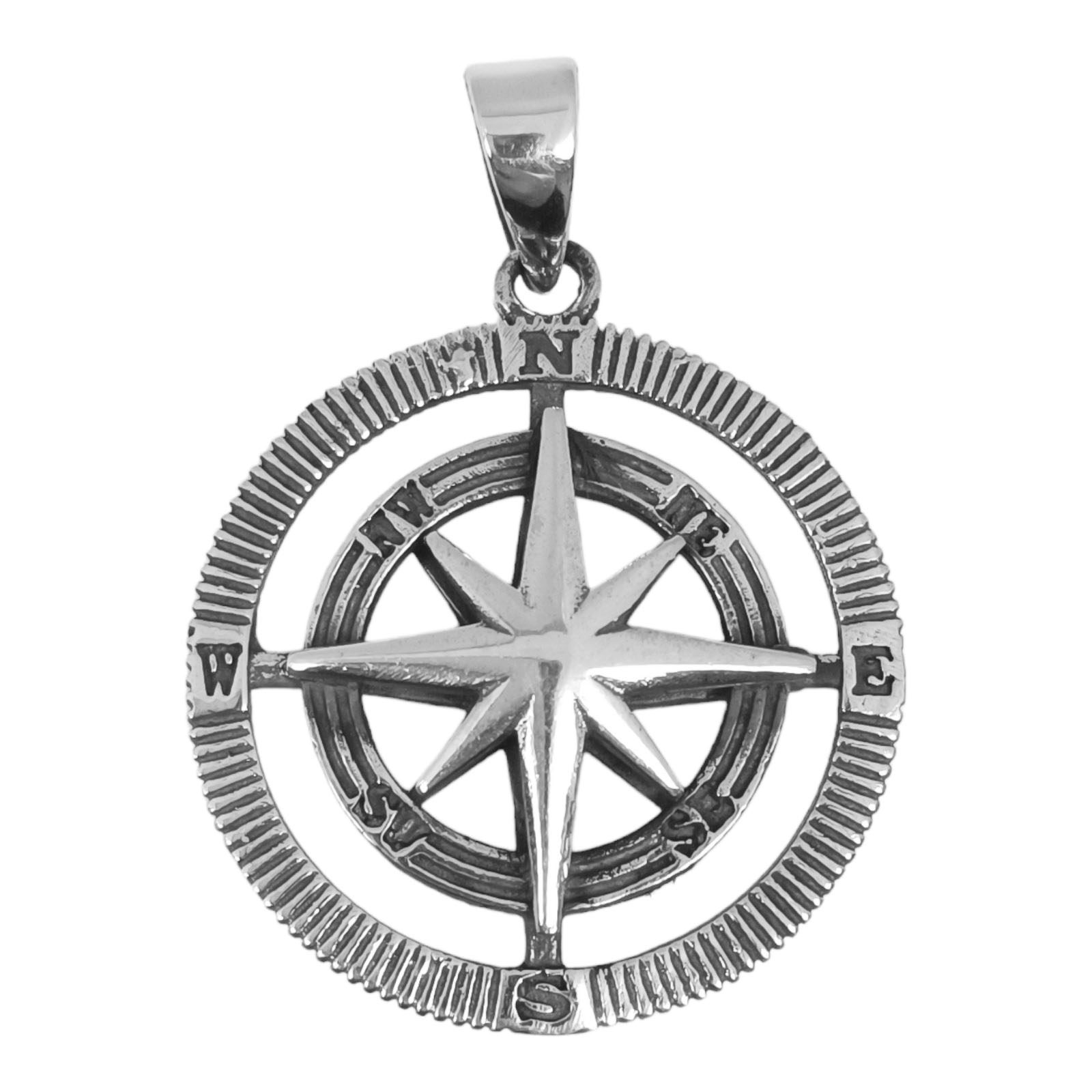 Pendentif Argent \'Boussole\' argenté vieilli - 25 mm  - [S0423]