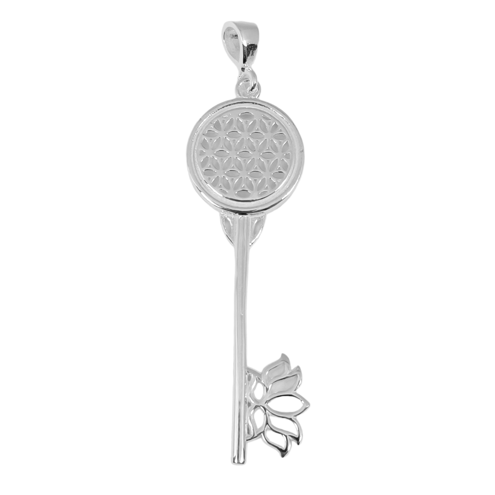 Pendentif Argent \'Clé Fleur de Vie\' blanc argenté (rhodié) - 45x15 mm - [S0460]