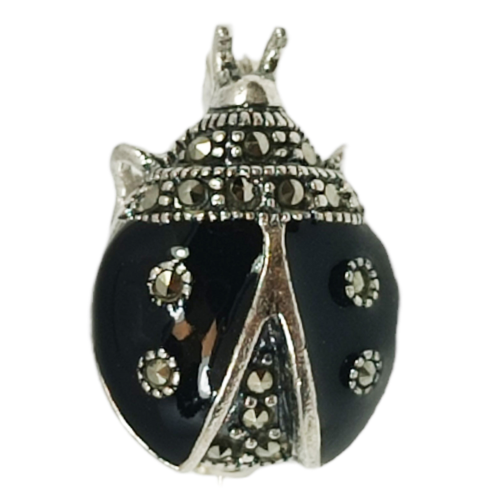 Broche Argent \'Sappho\' noir gris marcassite (coccinelle) - 19x14 mm - [S0518]