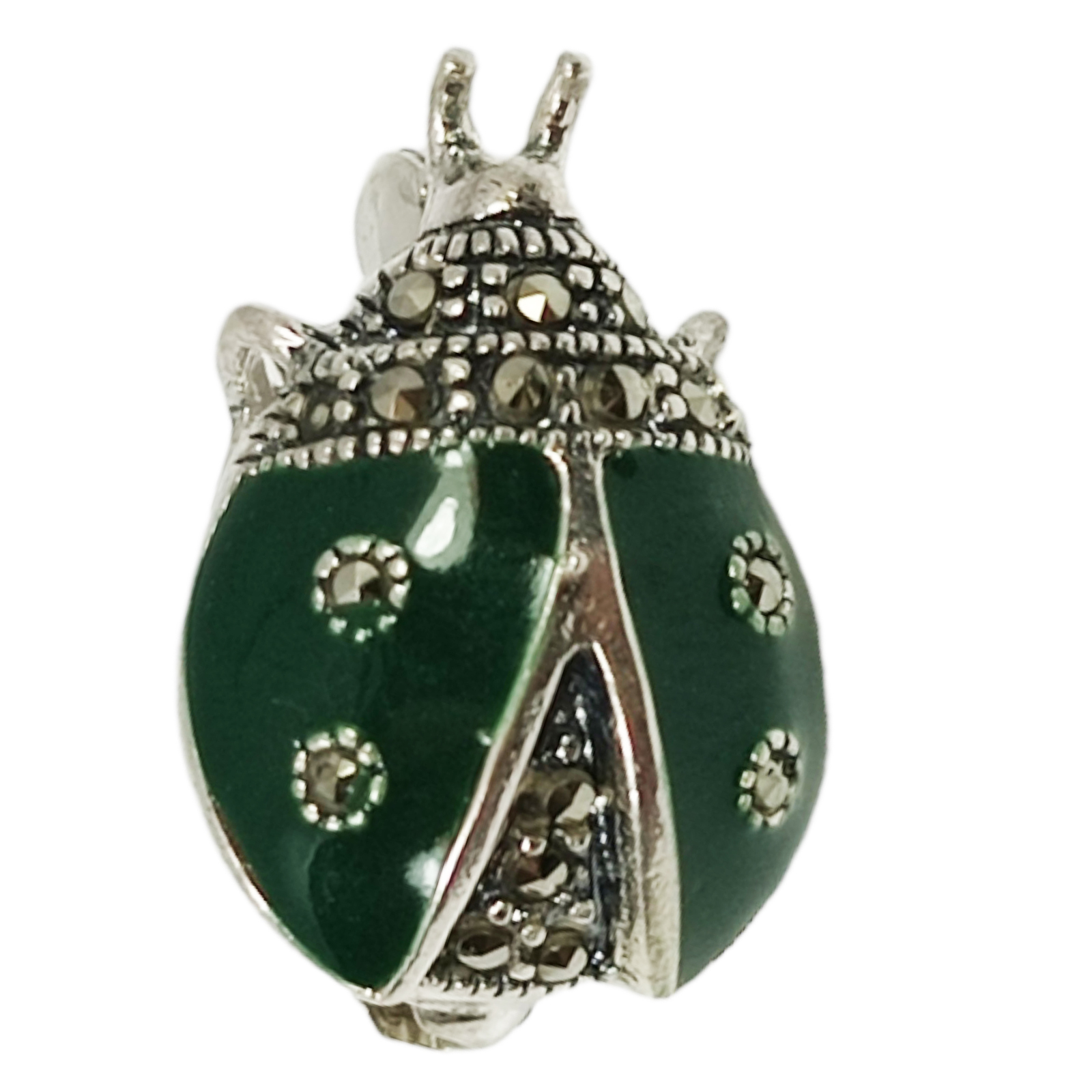 Broche Argent \'Sappho\' vert gris marcassite (coccinelle) - 19x14 mm - [S0519]