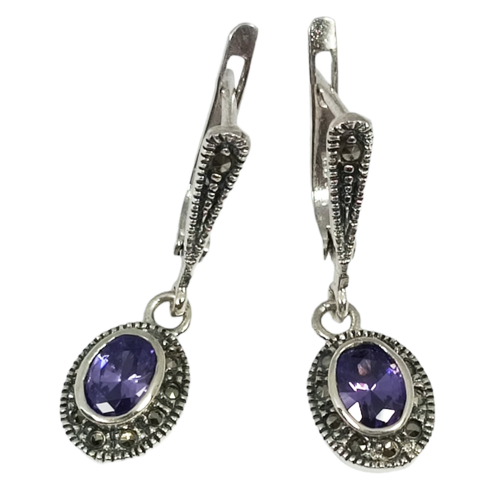 Dormeuses Argent \'Sappho\' violet marcassite argenté - 30x10 mm - [S0521]