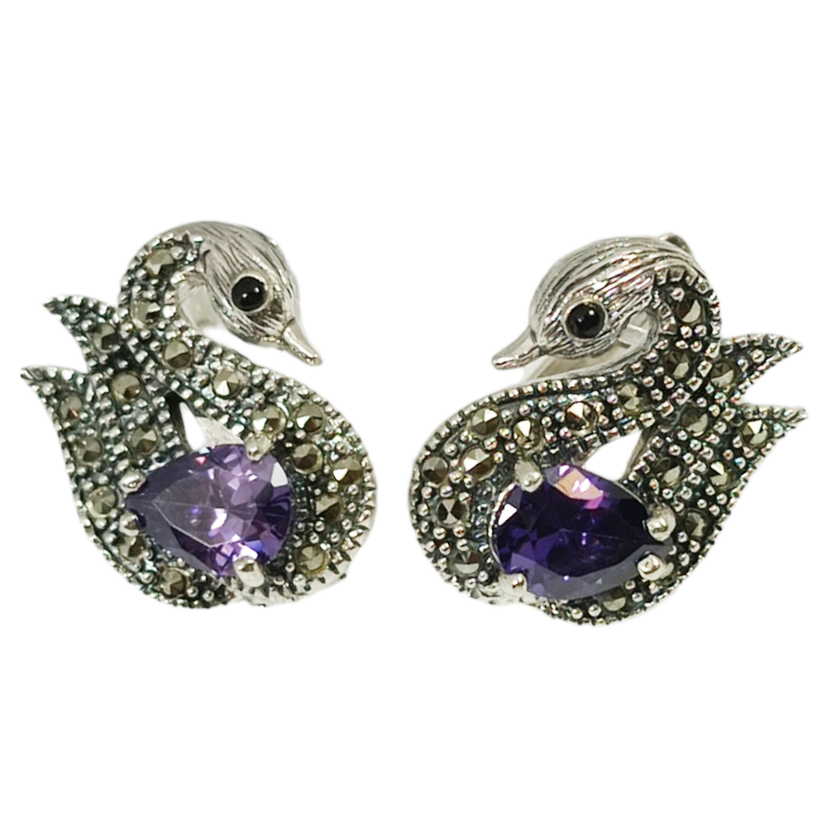 Dormeuses Argent \'Sappho\' violet marcassite argenté - 18x15 mm (cygne) - [S0529]