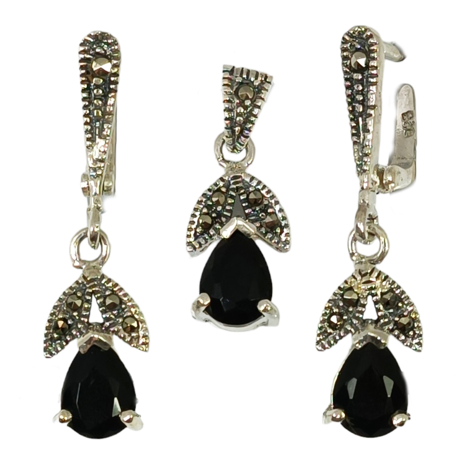 Parure Argent \'Sappho\' noir marcassite argenté (pendentif et boucles d\'oreilles) - [S0531]