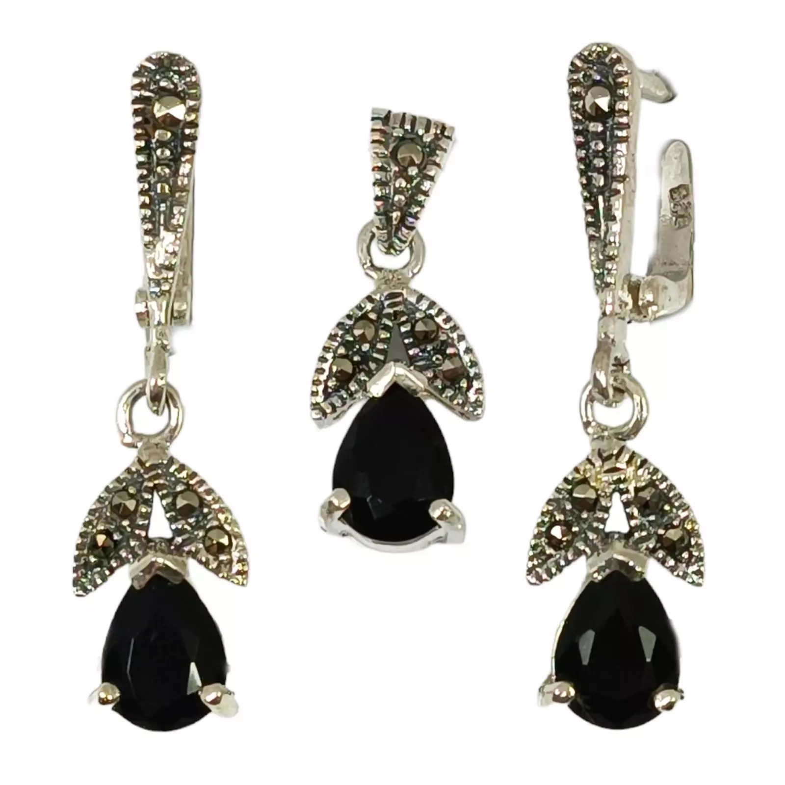 les trésors de lily Parure Argent 'Sappho' noir marcassite argenté (pendentif et boucles d'oreilles) [S0531]