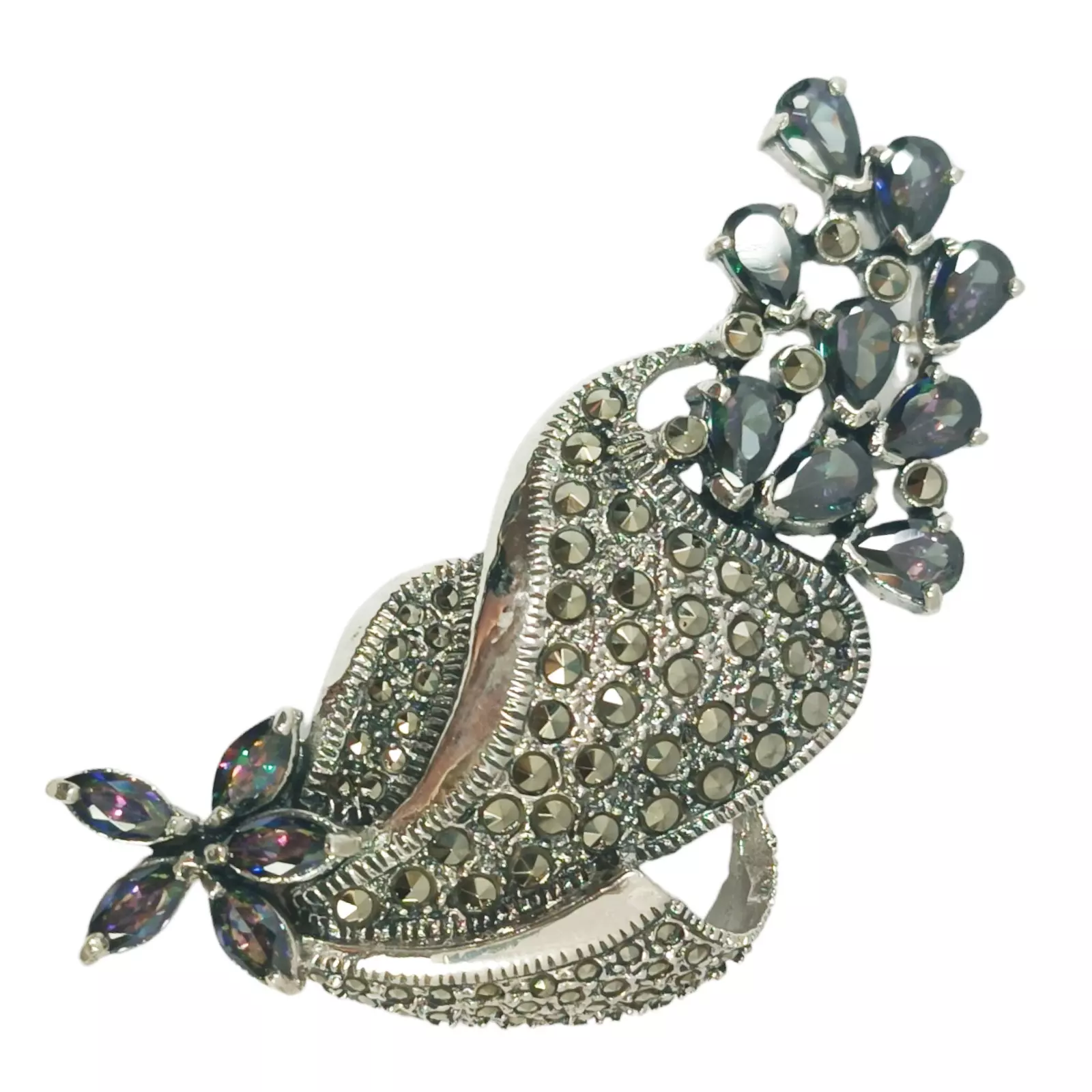 les trésors de lily Broche Argent 'Sappho' gris bleu marcassite argenté 65x30 mm (fleurs) [S0545]