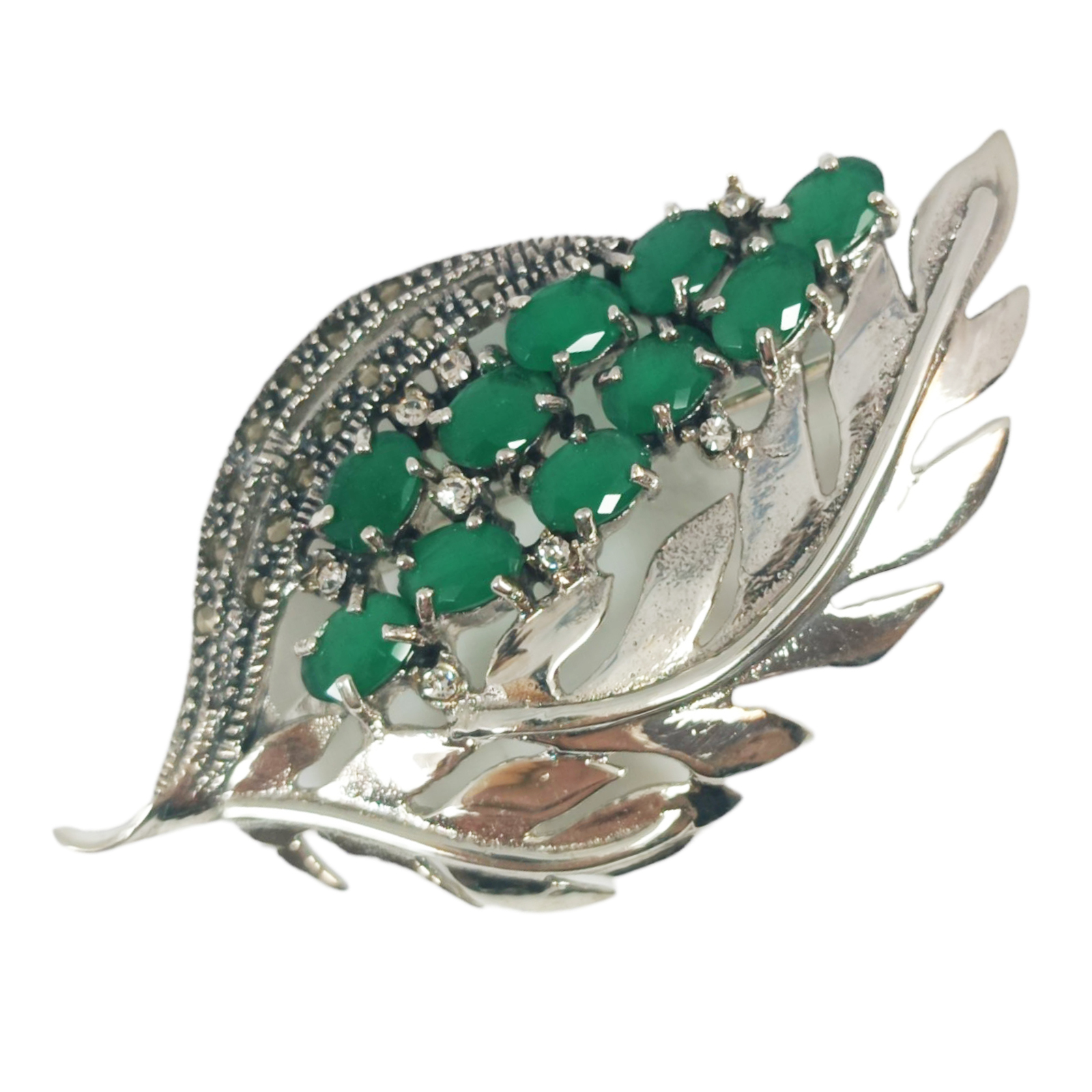 Broche Argent \'Sappho\' vert marcassite argenté - 65x30 mm (fleurs) - [S0546]