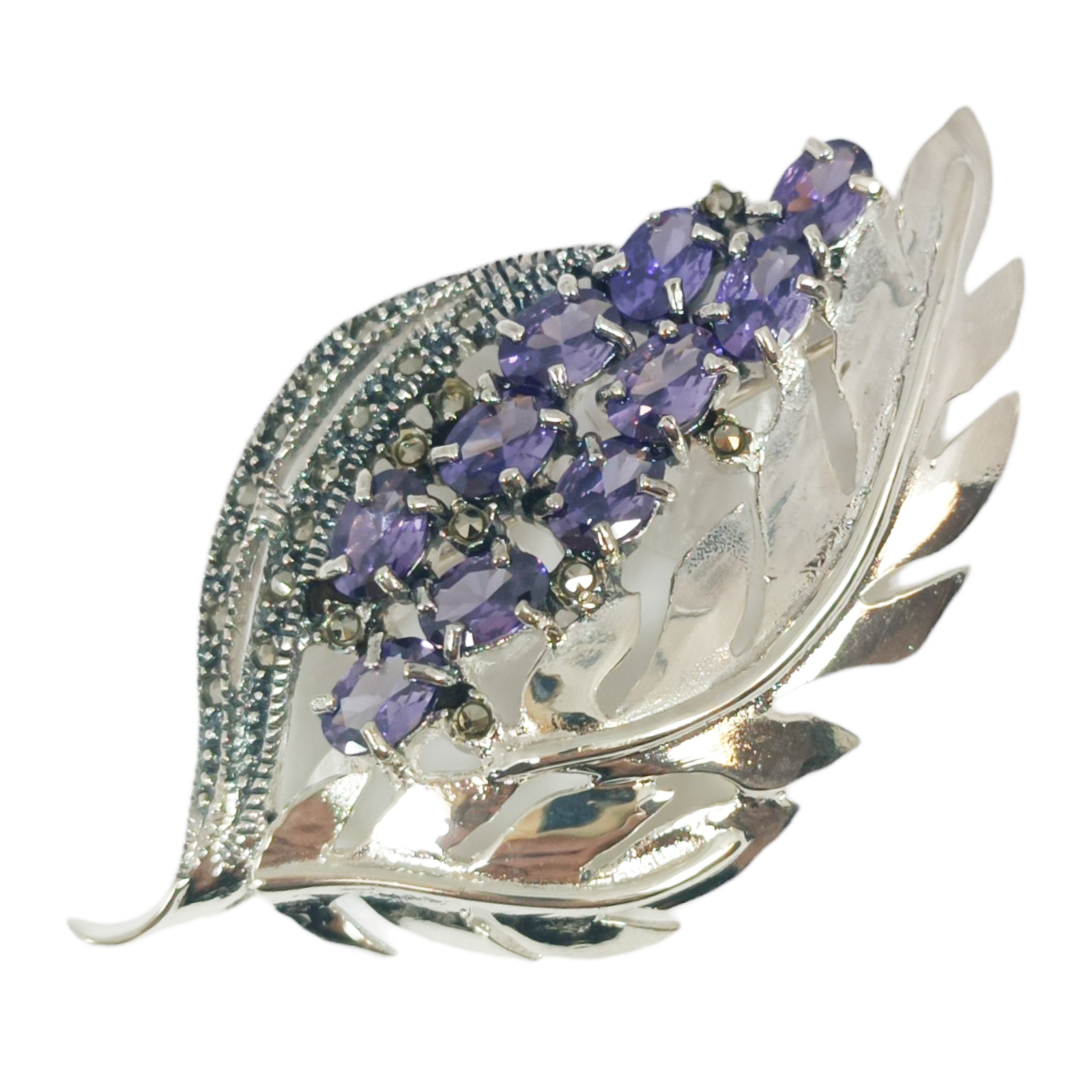 Broche Argent \'Sappho\' violet marcassite argenté - 65x30 mm (fleurs) - [S0547]