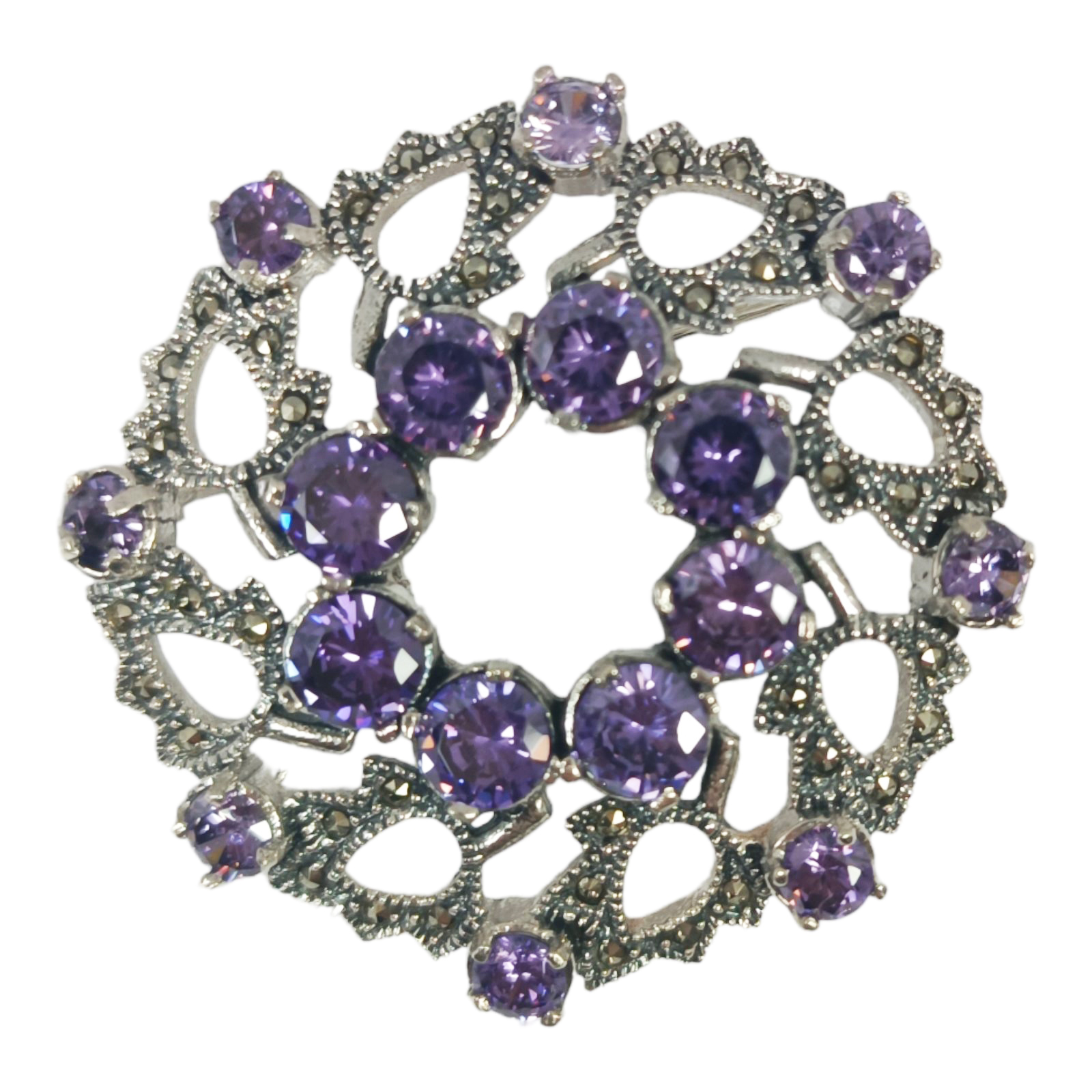 Broche Argent \'Sappho\' violet marcassite argenté - 38 mm - [S0550]
