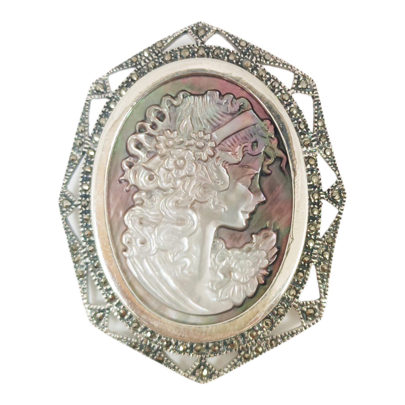 Broche Argent \'Divine Camee\' beige nacre marcassite argenté - 54x42 mm - [S0555]