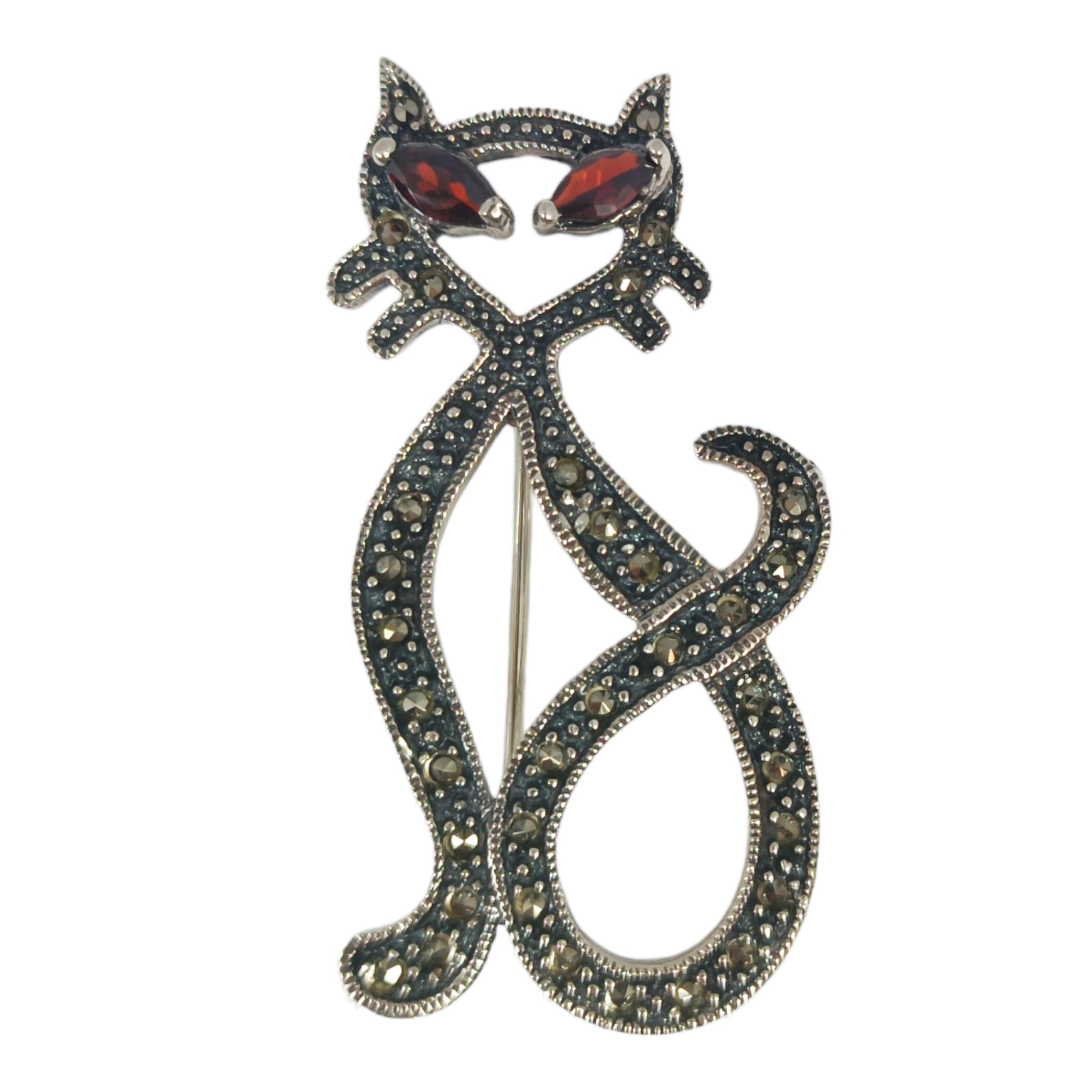 Broche Argent \'Sappho\' rouge gris marcassite (chat) - 45x25 mm - [S0557]
